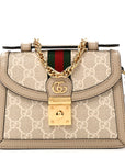 GG Supreme Monogram Textured Dollar Calfskin Web Mini Ophidia Padlock Top Handle Chain Shoulder Bag Beige Mystic White Oatmeal