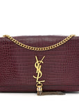 Calfskin Crocodile Embossed Medium Classic Monogram Kate Tassel Satchel Dark Red