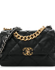 Shiny Goatskin Quilted Large CHNL 19 Flap Black