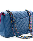 Lambskin Quilted Medium Double Flap Blue Pink