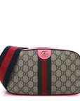 GG Supreme Monogram Textured Dollar Calfskin Web Ophidia Small Crossbody Bag Beige Ebony Fuchsia