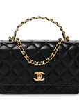 Shiny Calfskin Quilted Metal Top Handle Wallet On Chain WOC Black