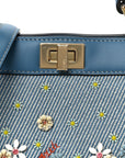 Woven Fabric Calfskin Floral Embroidered Petite Peekaboo I SEE U Satchel Blue