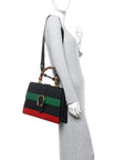 Moon Calfskin Web Large Dionysus Bamboo Top Handle Bag Black Bright Evergreen Hibiscus Red