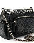 Shiny Crumpled Lambskin Quilted Medium Preppy Pocket Camera Case Black