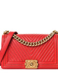 Lambskin Chevron Chain Stitched Medium Boy Flap Red