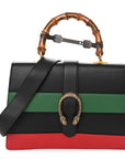 Moon Calfskin Web Large Dionysus Bamboo Top Handle Bag Black Bright Evergreen Hibiscus Red