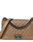 Metallic Calfskin Quilted Medium Boy Flap Taupe