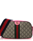 GG Supreme Monogram Textured Dollar Calfskin Web Ophidia Small Crossbody Bag Beige Ebony Fuchsia