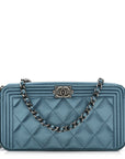 Metallic Caviar Quilted Small Boy Clutch With Chain Turquoise
