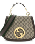 GG Supreme Monogram Textured Dollar Calfskin Web Medium Blondie Top Handle Shoulder Flap Bag Beige Ebony New Acero