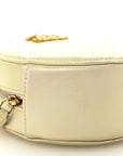 Iridescent Calfskin Quilted CHNL 19 Round Clutch With Chain White