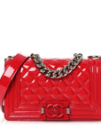 Patent Calfskin Quilted Small Plexiglass Boy Flap Red