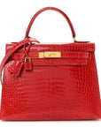 Shiny Porosus Crocodile Kelly Sellier 28 Rouge Vif