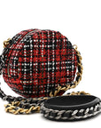 Tweed Quilted CHNL 19 Round Clutch With Chain Red Black White Green