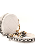 Shiny Goatskin Quilted CHNL 19 Round Clutch With Chain White