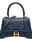 Shiny Calfskin Crocodile Embossed Small Hourglass Top Handle Bag Navy