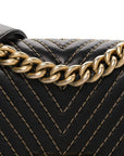 Lambskin Chevron Chain Stitched Small Boy Flap Black