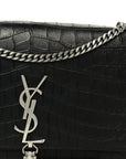 Calfskin Crocodile Embossed Medium Classic Monogram Kate Tassel Satchel Black