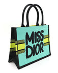 Canvas Embroidered Medium Miss D1OR Graffiti Book Tote Green Blue