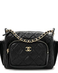Shiny Crumpled Lambskin Quilted Small Preppy Pocket Camera Case Black