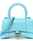 Shiny Calfskin Crocodile Embossed Hourglass Top Handle Bag XS Turquoise
