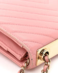Lambskin Chevron Quilted Trendy CC Wallet On Chain WOC Pink