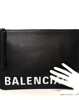 Calfskin Logo Large Cash Pouch With Handle Black White