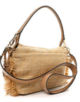 Fabric Jacquard Raffia Straw Fringe Medium Mamma Baguette Beige