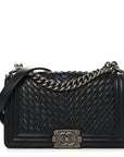 Lambskin Braided Woven Medium Boy Flap Black