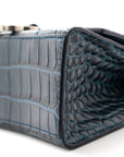 Shiny Calfskin Crocodile Embossed Hourglass Top Handle Bag XS Denim Blue