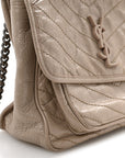 Crinkled Calfskin Matelasse Monogram Medium Niki Chain Satchel Gold Sand