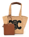 Raffia Calfskin Triomphe Cube Tote Natural Black