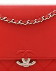 Grained Calfskin Quilted CC Box Wallet On Chain WOC Red