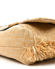Fabric Jacquard Raffia Straw Fringe Medium Mamma Baguette Beige