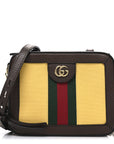 Canvas Textured Calfskin Web Mini Ophidia Top Handle Shoulder Bag Easy Yellow Dark Brown