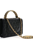 Shiny Calfskin Quilted Metal Top Handle Wallet On Chain WOC Black
