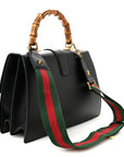 Calfskin Bamboo Web Large Dionysus Top Handle Bag Black Bright Evergreen Hibiscus Red