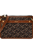 Coated Canvas Medium La Greca Signature Pouch Black Caramel