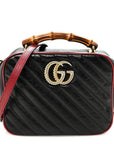 Vintage Effect Calfskin Matelasse Diagonal Small Torchon GG Marmont Bamboo Top Handle Shoulder Bag Black Romantic Cherry