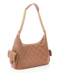 Shiny Lambskin Quilted Trendy Pockets Hobo Brown
