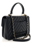 Lambskin Chevron Quilted Small Trendy CC Flap Dual Handle Bag Navy