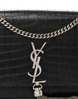Calfskin Crocodile Embossed Medium Classic Monogram Kate Tassel Satchel Black