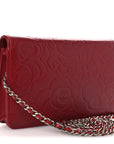 Lambskin Camellia Embossed Wallet on Chain WOC Red