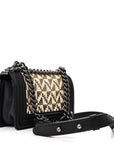 Calfskin Woven Small Boy Flap Black White