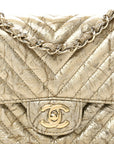 Patent Metallic Crumpled Calfskin Chevron Quilted Mini Square Flap Gold