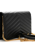 Grain De Poudre Matelasse Chevron Monogram Envelope Chain Wallet Black
