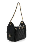 Braided Raffia Calfskin Quilted Mini CHNL 25 Handbag Black White