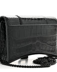 Shiny Calfskin Monochrome Crocodile Embossed Hourglass Chain Bag Black