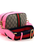 GG Supreme Monogram Textured Dollar Calfskin Web Ophidia Small Crossbody Bag Beige Ebony Fuchsia